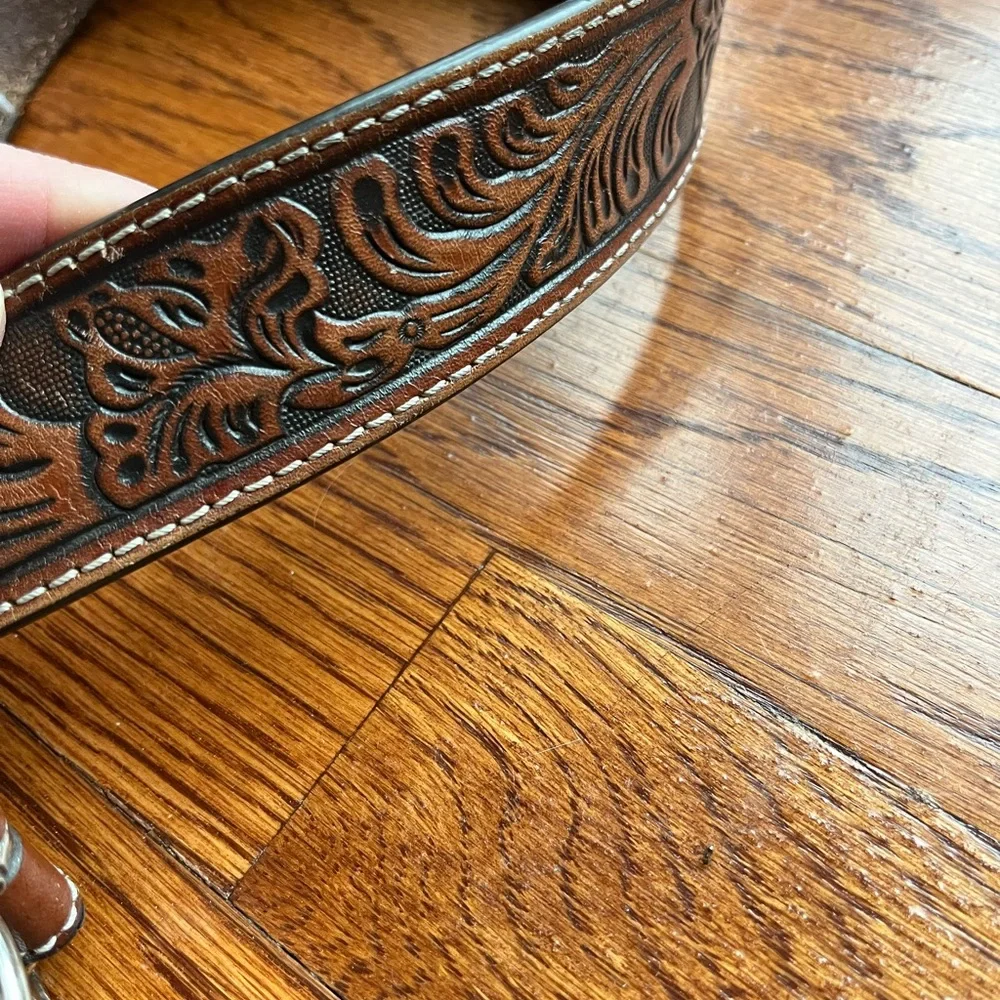 Leather Tooled Brown Western Belt with Decorative Silver Buckle